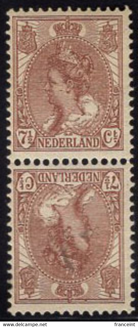 Netherlands (1898) 7-1/2c Queen Wilhelmina Tête-bêche Pair. Scott 66a. Small Thin On Top Stamp. - Unused Stamps