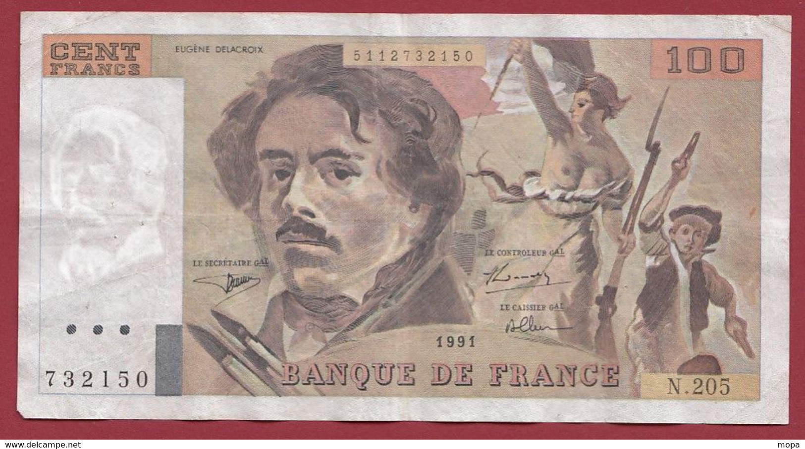 100 Francs "Delacroix" ---1991 ---ALPH N.205 -ALPHABET RARE ---dans L 'état--   (P.) - 100 F 1978-1995 ''Delacroix''