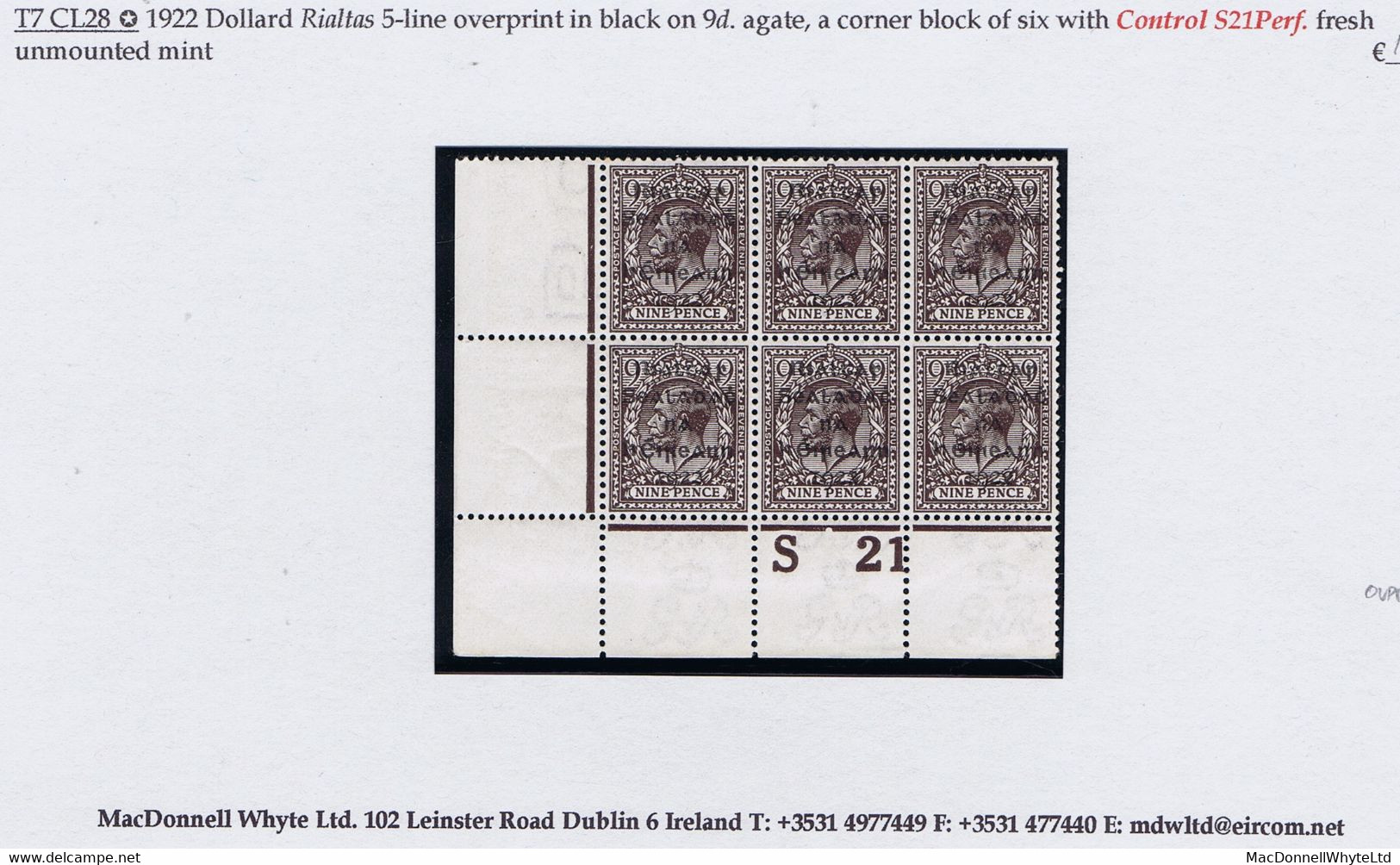 Ireland 1922 Dollard Rialtas Black Ovpt On 9d Agate, Corner Block Of 6 Control S21 Perf Mint Unmounted - Ungebraucht