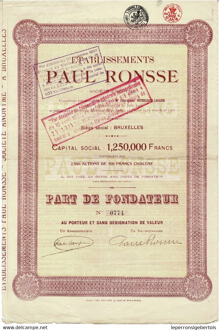 Titre Ancien - Etablissements Paul Ronsse - Titre De 1921 - N° 0774 - Textiel