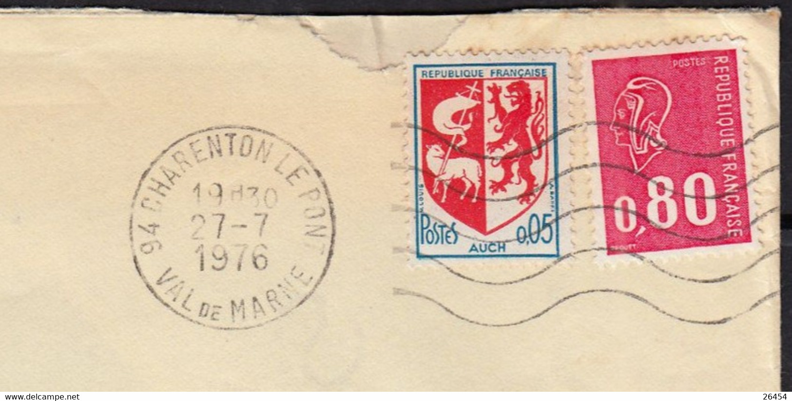 Blason AUCH Y.et.T.1468 + Mne De Béquet 80c Rouge Y.et.T.1816 Sur Enveloppe Coupée 2 Cotés De 94 CHARENTON Le 27 7 1976 - Briefe U. Dokumente