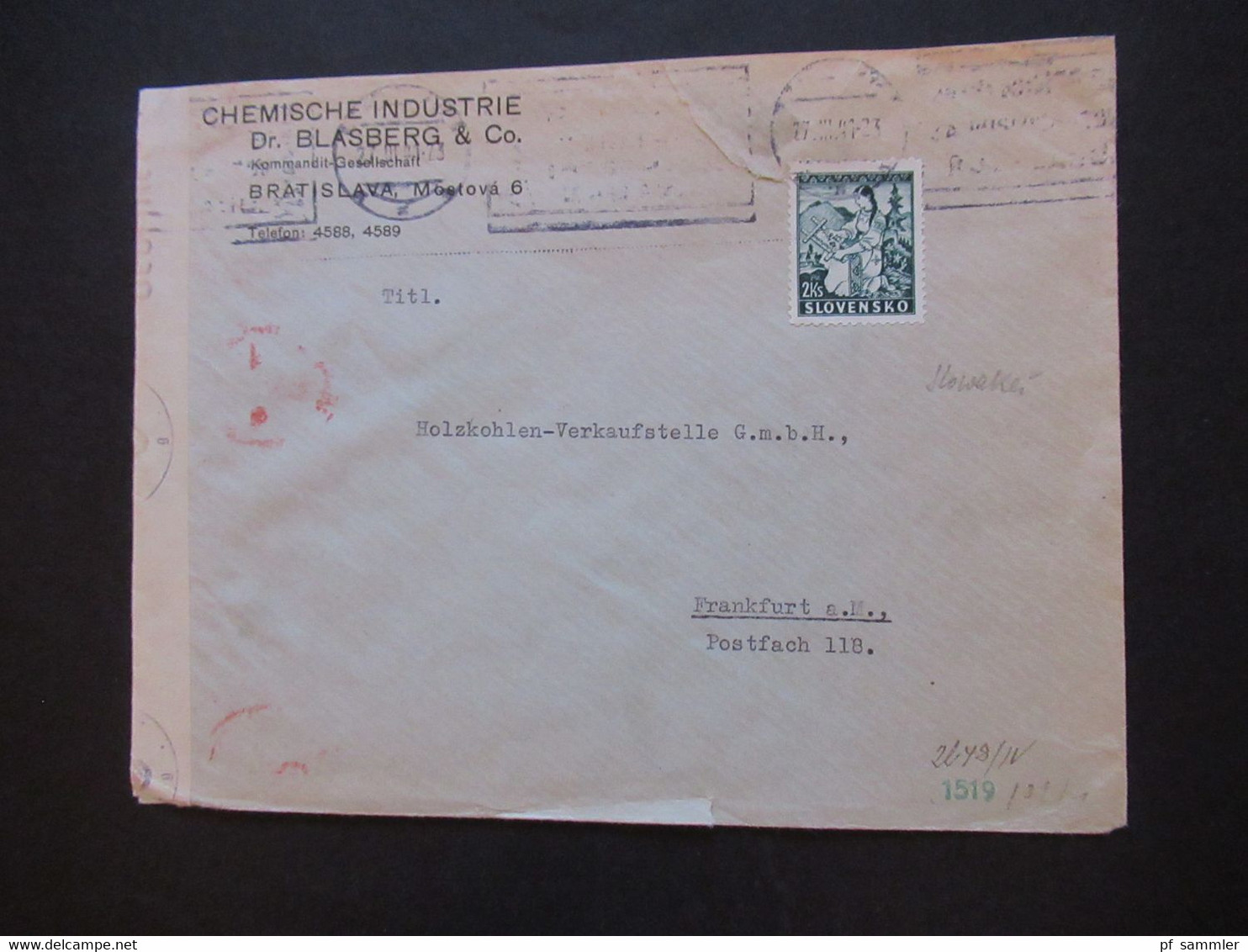 Slowakei 1941 Zensurbeleg OKW Mehrfachzensur Firmenumschlag Chemische Industrie Dr. Blasberg Bratislava - Storia Postale