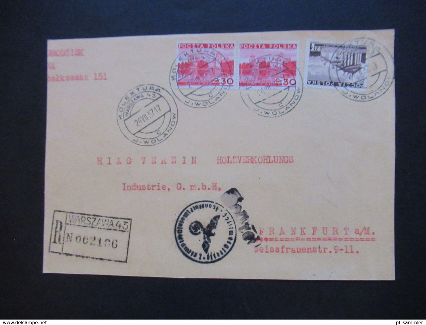 Polen 1937 Einschreiben Briefvorderseite / VS Stempel Kollektura Warszawa 43 J. Wolanow U. Stempel Des 3. Reich Zollfrei - Covers & Documents