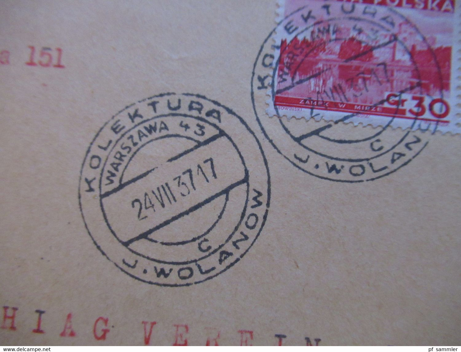 Polen 1937 Einschreiben Briefvorderseite / VS Stempel Kollektura Warszawa 43 J. Wolanow U. Stempel Des 3. Reich Zollfrei - Storia Postale