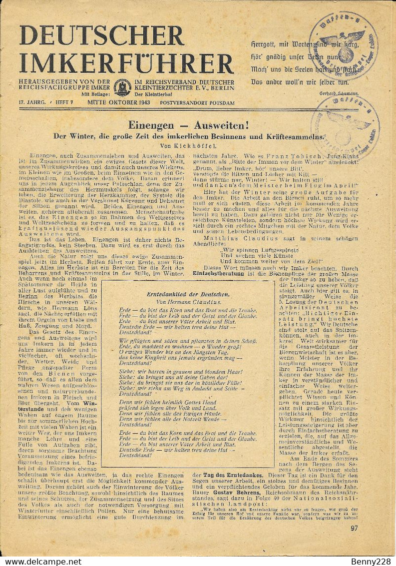 Revue DEUTSCHER IMKERFÜHRER 1943 - Tedesco