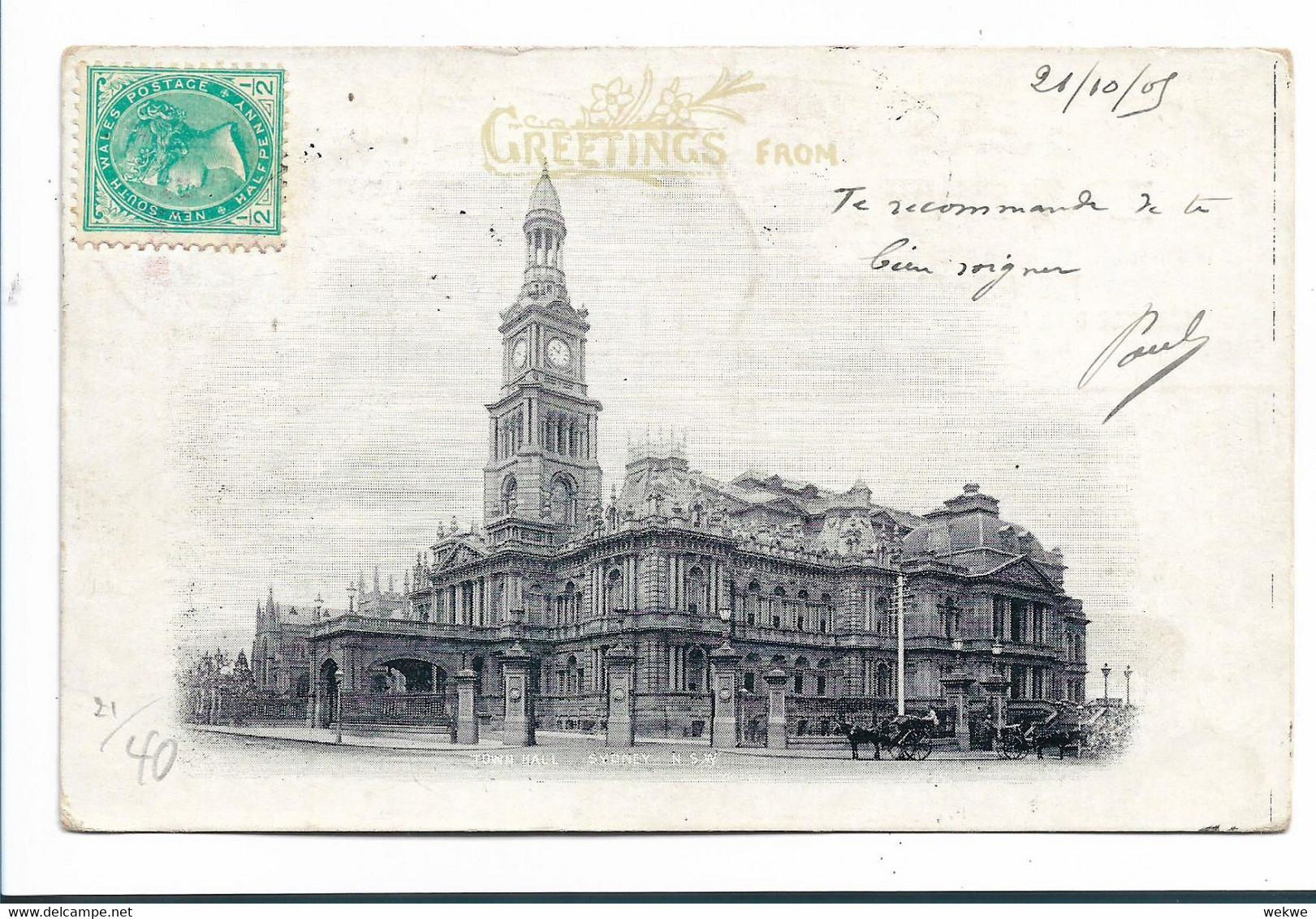 NSW107 / AUSTRALIEN - Gruss-Ganzsache Mit Sydney Town Hall 1905 Nach Paris Mit Strafportozahlung Bei Ankunft - Brieven En Documenten