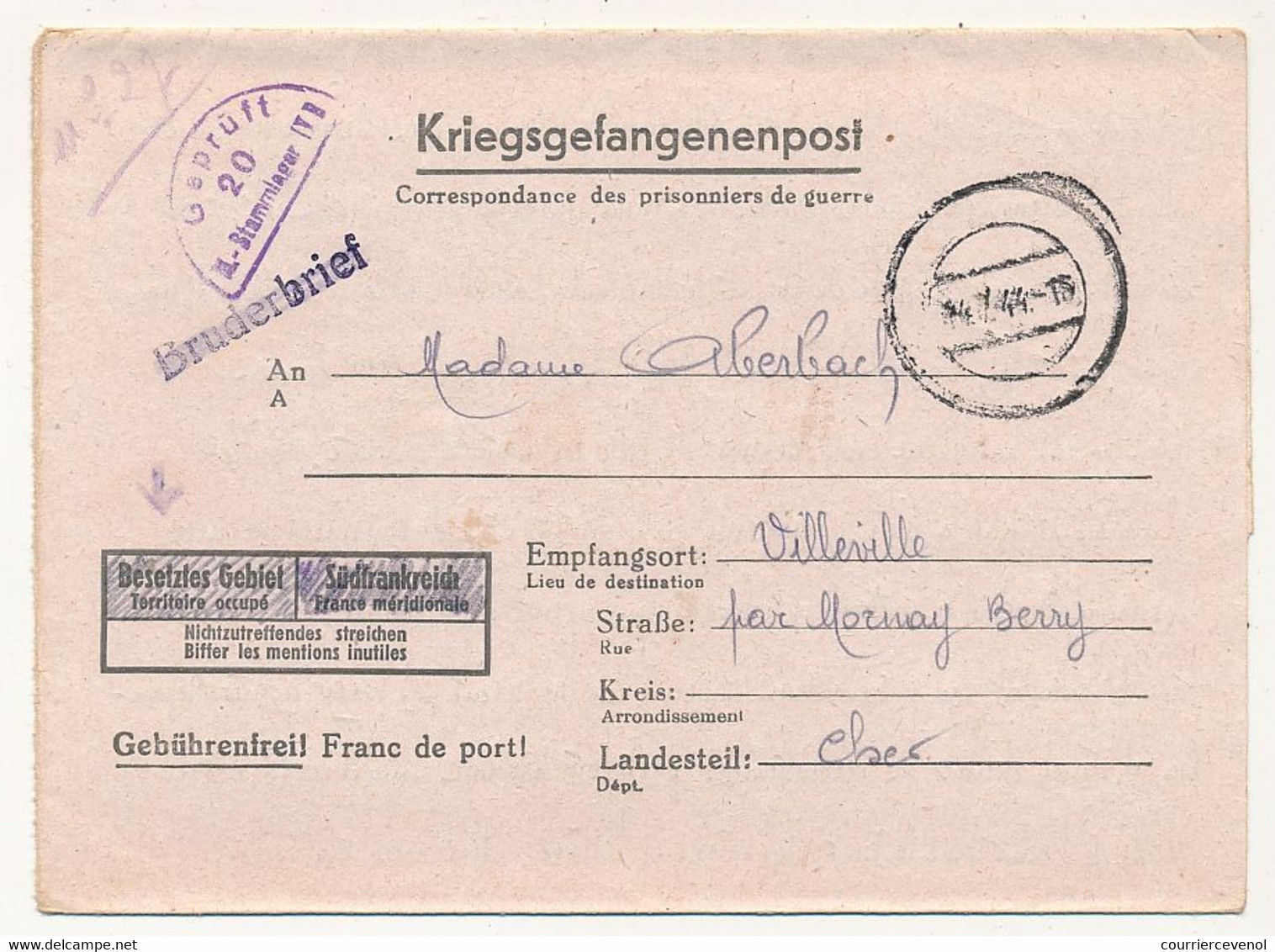 FRANCE - Correspondance Des PG Du Stalag IVD - Censeur Geprüft 20 - 1944 - Griffe Lin "Bruderbrief" (Bruder Barré) - WW II