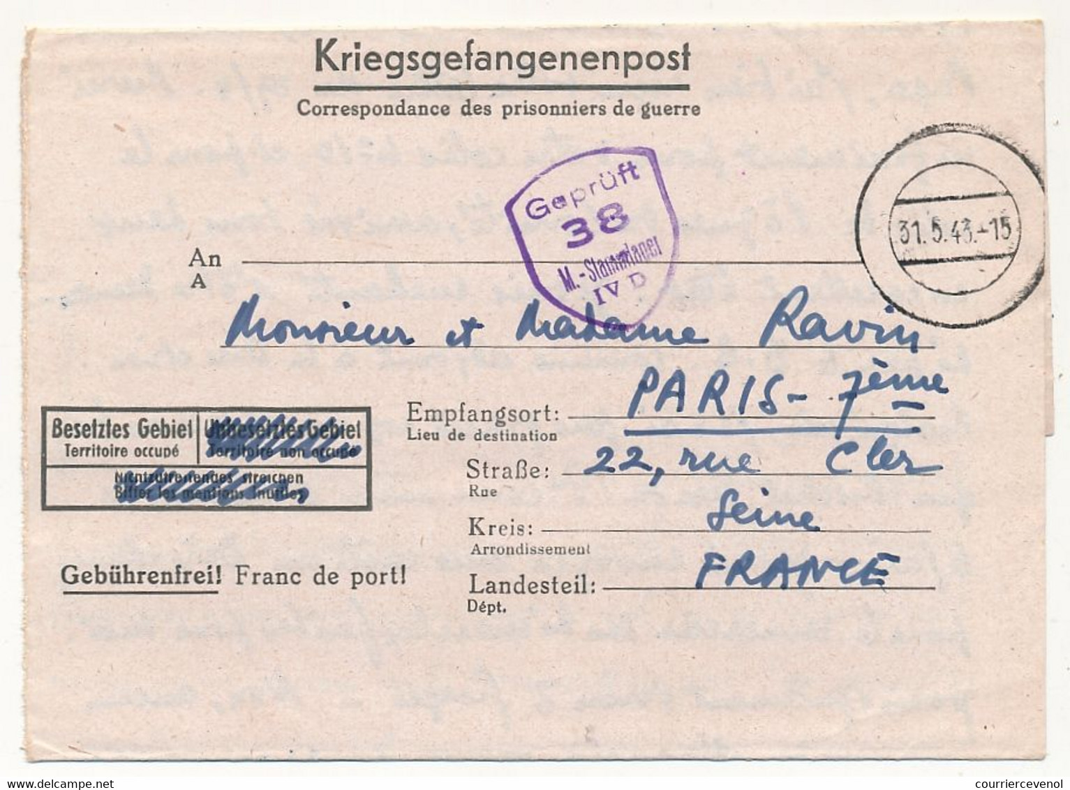 FRANCE - Correspondance Des PG Du Stalag IVD - Censeur Geprüft 38 - 1943 - Guerre De 1939-45