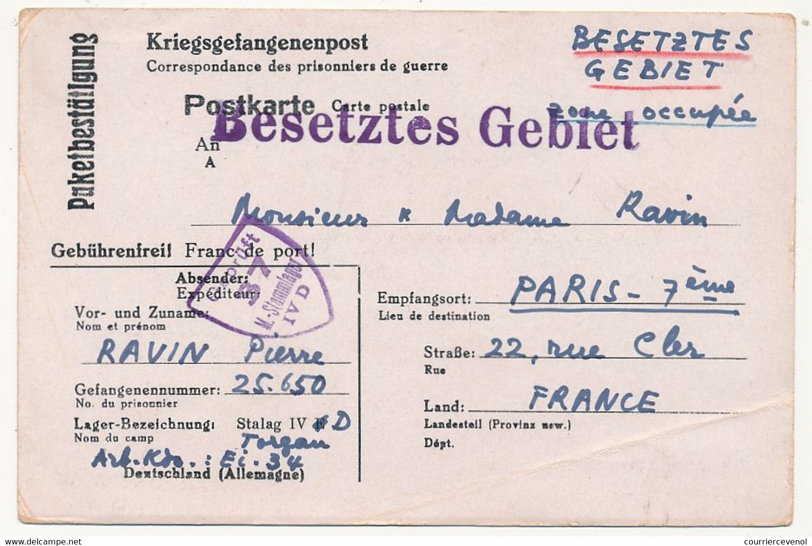FRANCE - Carte Postale - Avis De Réception De Colis - Stalag IVD Censeur Geprüft 37 - Guerre De 1939-45