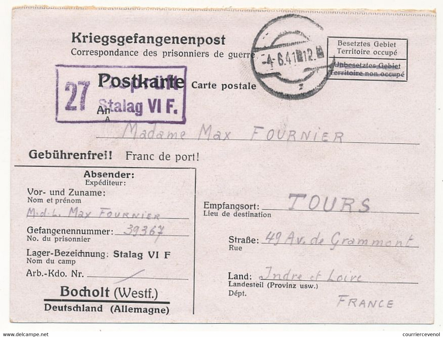 FRANCE - Carte Postale - Du Stalag VIF Bocholt (Westf) - Censeur Geprüft 27 - 1941 - WW II