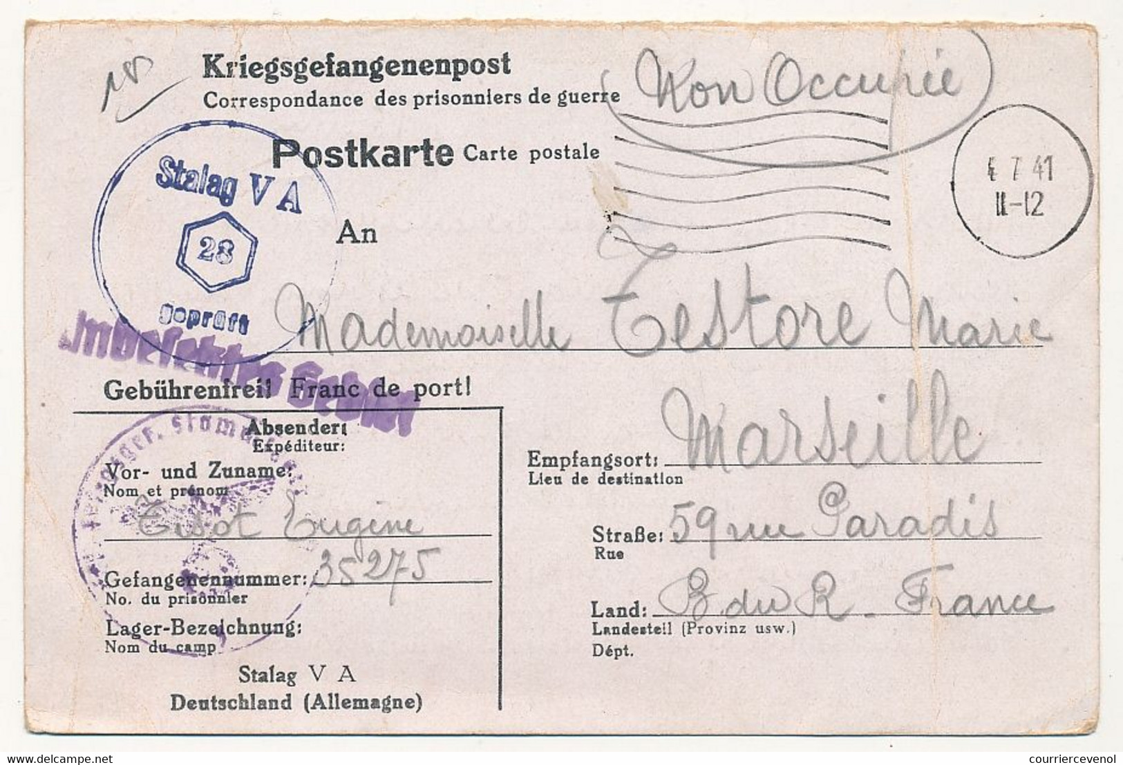 FRANCE - Carte Postale - Postkarte - Correspondance Des PG - Du Stalag V A Censeur Geprüft 28 - 1941 - WW II