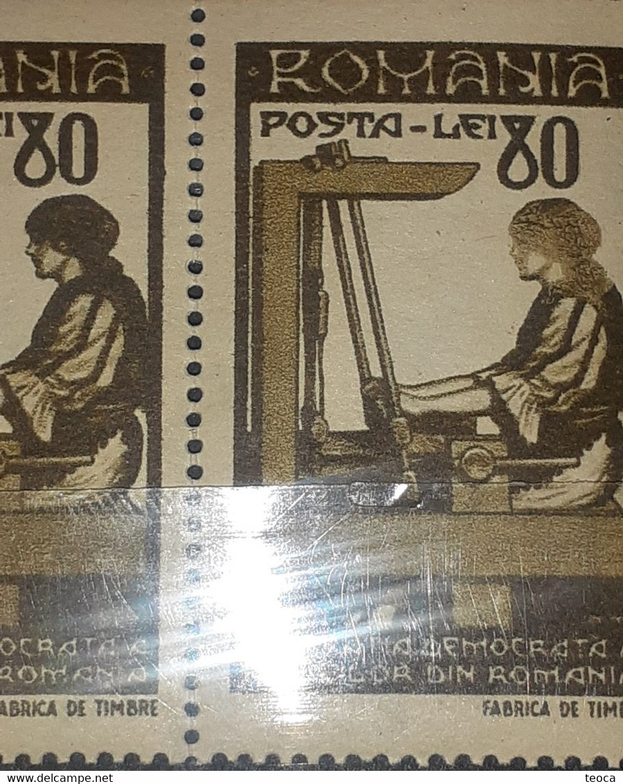 Stamps errors Romania 1947 Mi 1013 with printed  different color the weaver's head , pair mnh