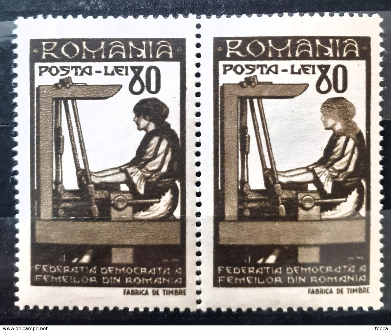 Stamps errors Romania 1947 Mi 1013 with printed  different color the weaver's head , pair mnh