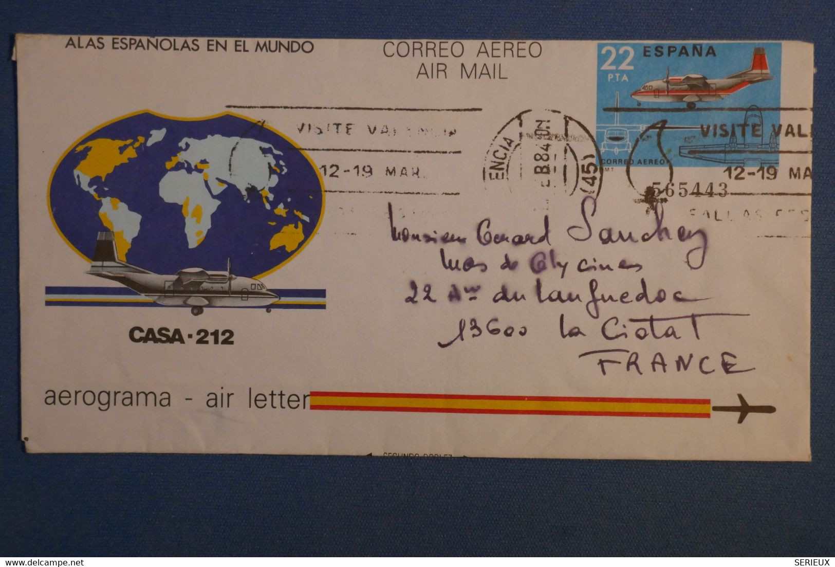 AE 5 ESPANA  BELLE  LETTRE AEROGRAMME 1984 VALENCIA POUR LA CIOTAT FRANCE  + AFFRANCHISSEMENT PLAISANT - Covers & Documents