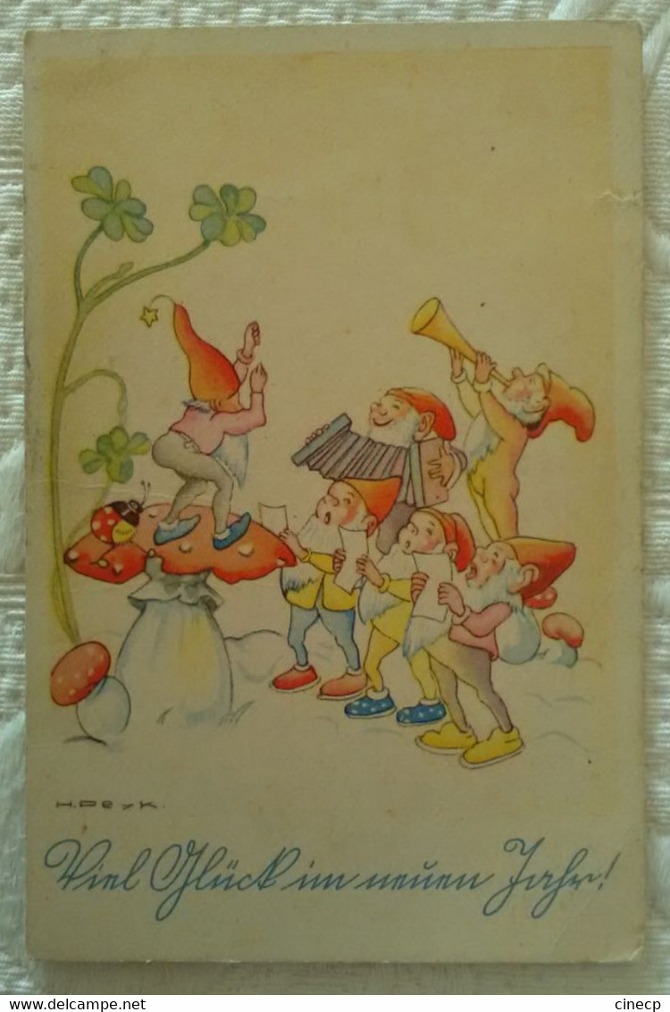 Très Jolie CPA Illustrateur Hilla Peyk Orchestre De Lutins Petits Nains Sur Champignon S Coccinelle Trèfle 4 Feuilles - Peyk, Hilla