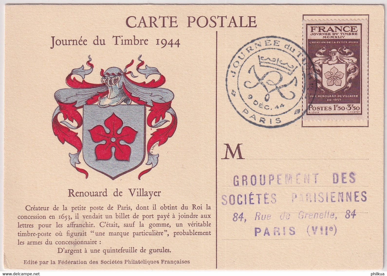 MiNr. 672 Frankreich1944, 9. Dez. Tag Der Briefmarke - Journée Du Timbre 1944 - Giornata Del Francobollo