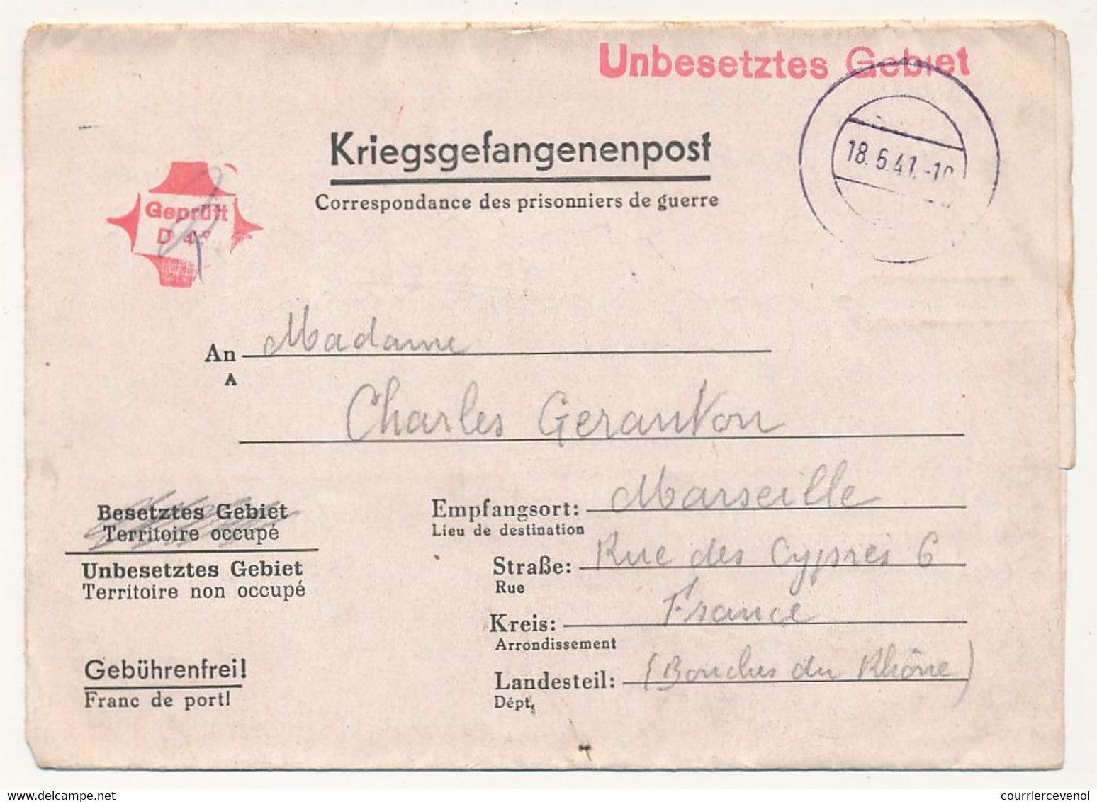 FRANCE - Correspondance Des PG - Du Stalag XIII B - Censeur Geprüft 49 - 1941 + Cachet "pour Gagner Du Temps ..." - WW II