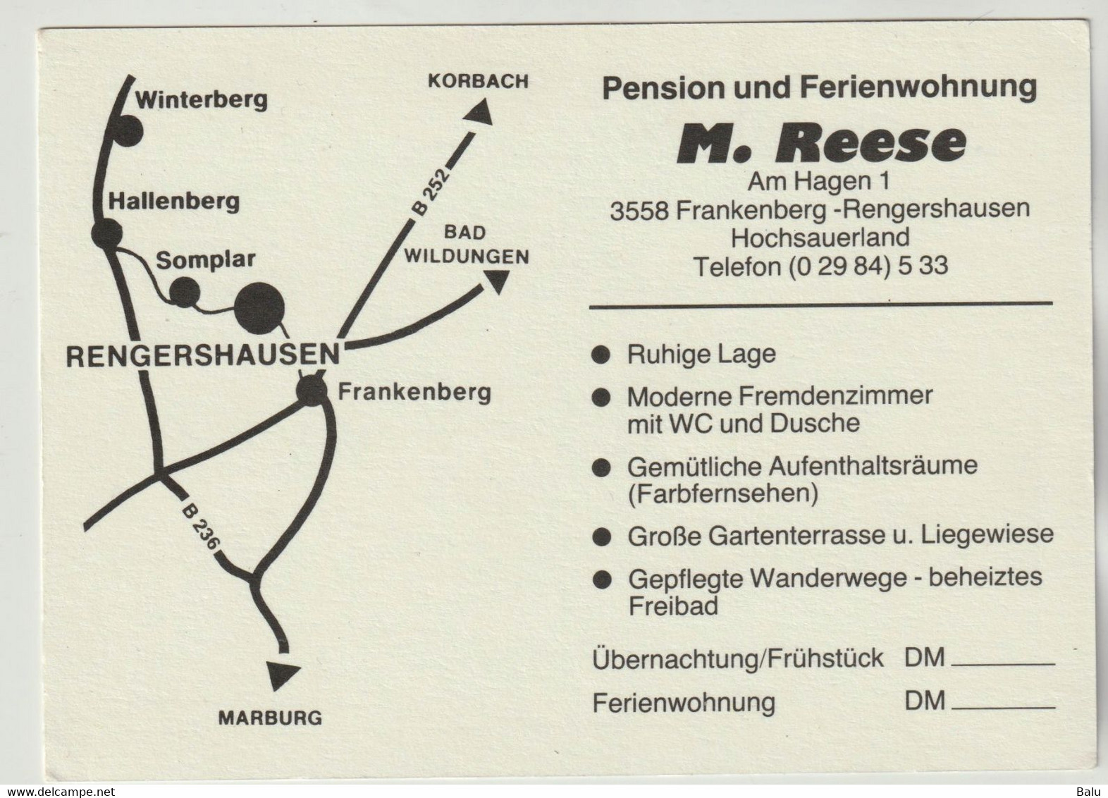 Hochsauerland, Pension Und Ferienwohnung M.Reese, Frankenberg-Rengershausen, NEU, 2 Scans, Verlag Jos. Grobbel - Frankenberg (Eder)