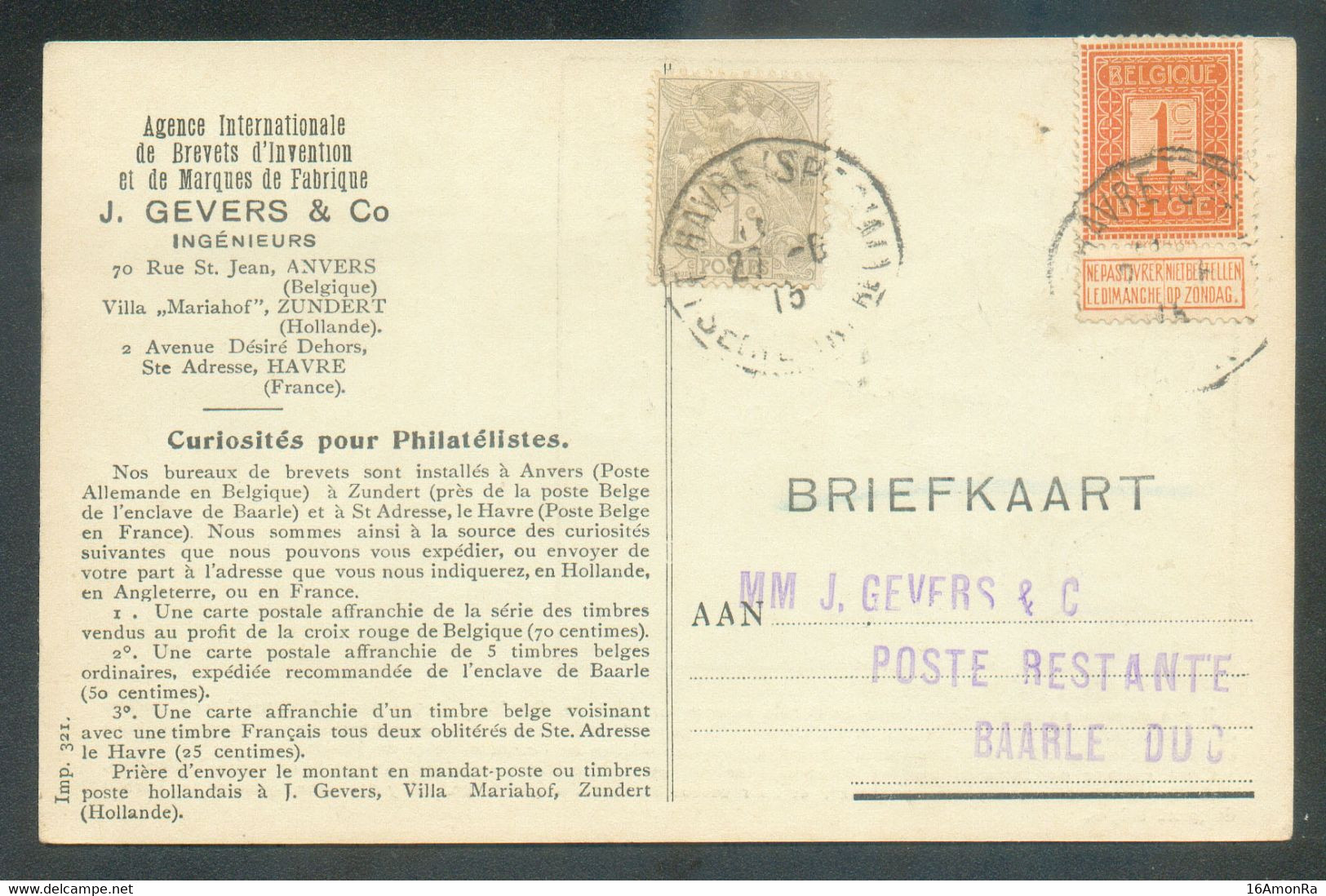 Belgique N°108   + France 1c. Type Blanc, Obl; Sc LE HAVRE (SPECIAL) Sur Carte Du 27-6-1915 Vers Baarle-Duc - 18716 - Sonstige & Ohne Zuordnung