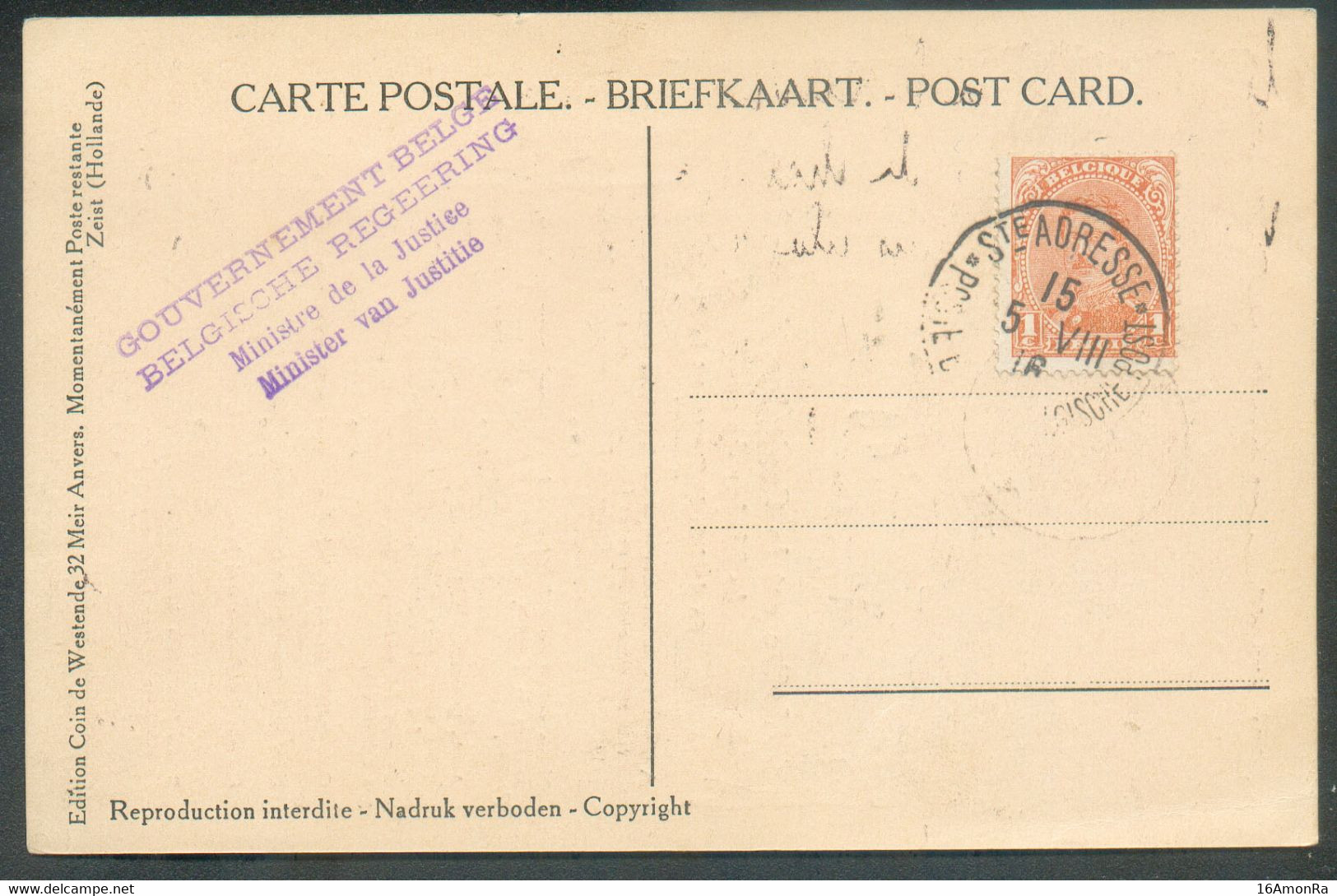 N°135 - 1c. Obl. Sc Ste-ADRESSE * POSTE BELGE Sur Carte (Maréchal JOFFRE Chef D'etat-major) Du 5-VIII-1916 + Griffe Viol - Other & Unclassified