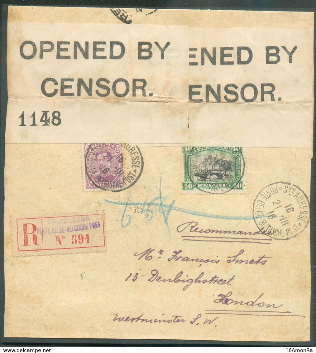 5c. + 40c. Emission 1915  Obl. Sc Ste-ADRESSE * POSTE BELGE Sur Lettre Recommandée (Etiq. Bilingue) Du 21-III-1916 Vers - Autres & Non Classés