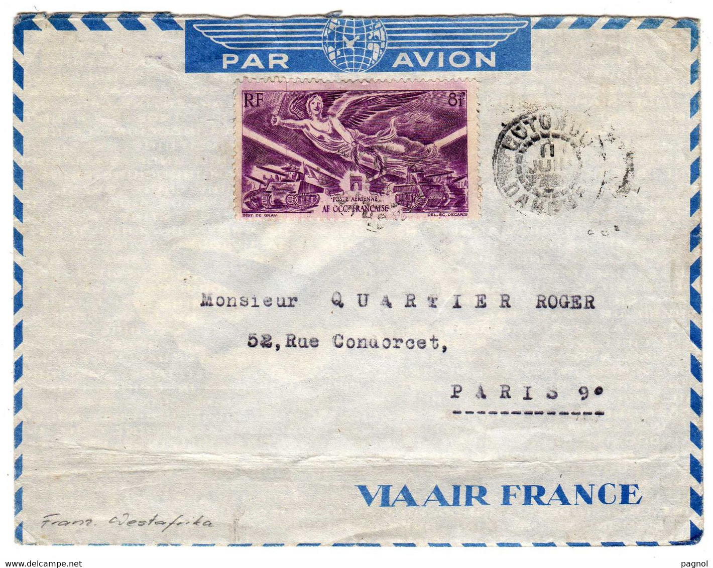 A.O.F. : Lettre Par Avion ,cachet Cotonou ( Dahomey ) : Anniversaire De La Victoire - Brieven En Documenten