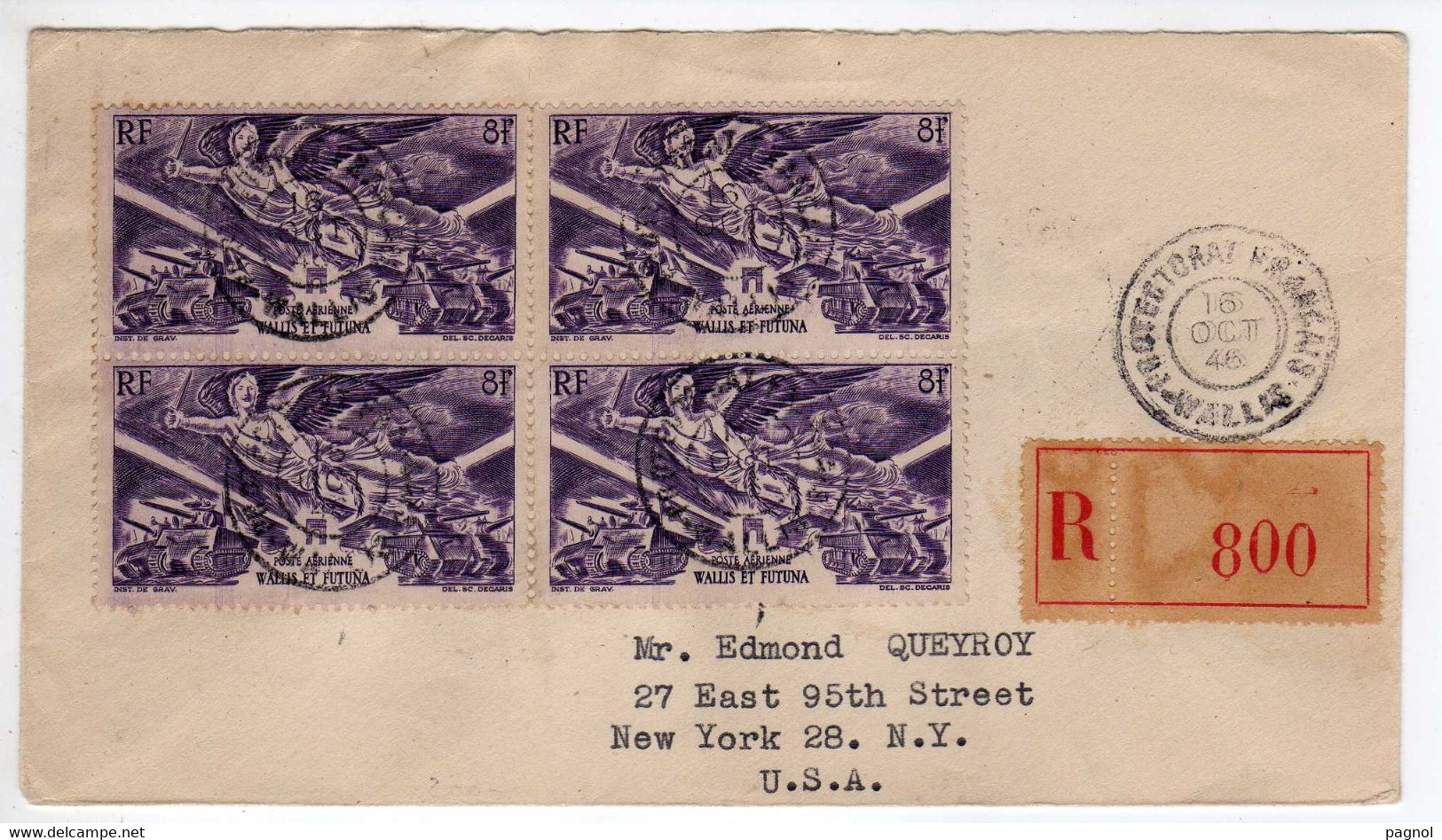 Wallis Et Futuna  : Lettre Recommandée  Pour Les U.S.A. : Bloc De 4  : Anniversaire De La Victoire : 8f - Hojas Y Bloques