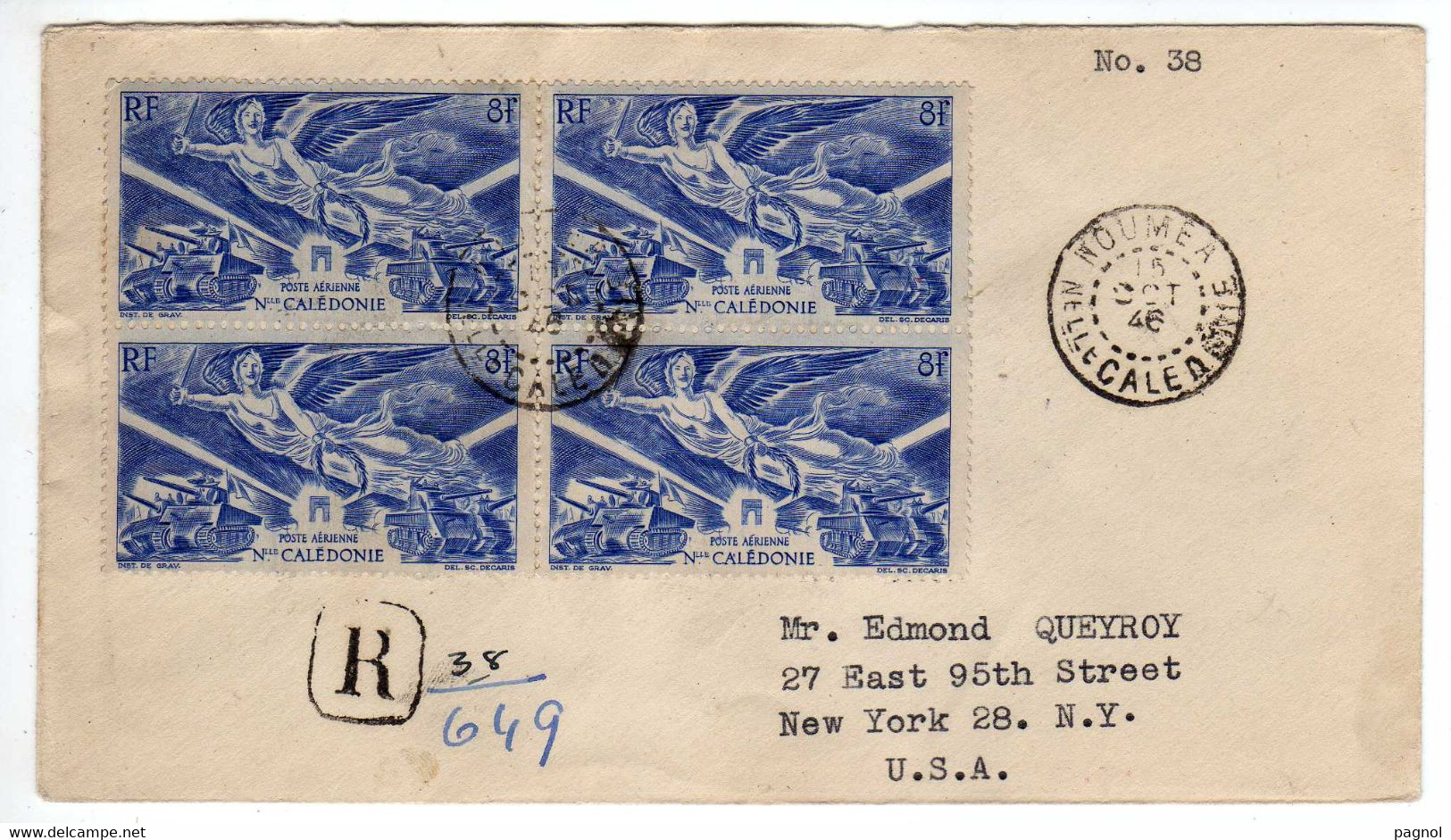 Nouvelle Calédonie : Lettre Recommandée Pour Les U.S.A.  : Bloc De 4  : Anniversaire De La Victoire 8f - Cartas & Documentos