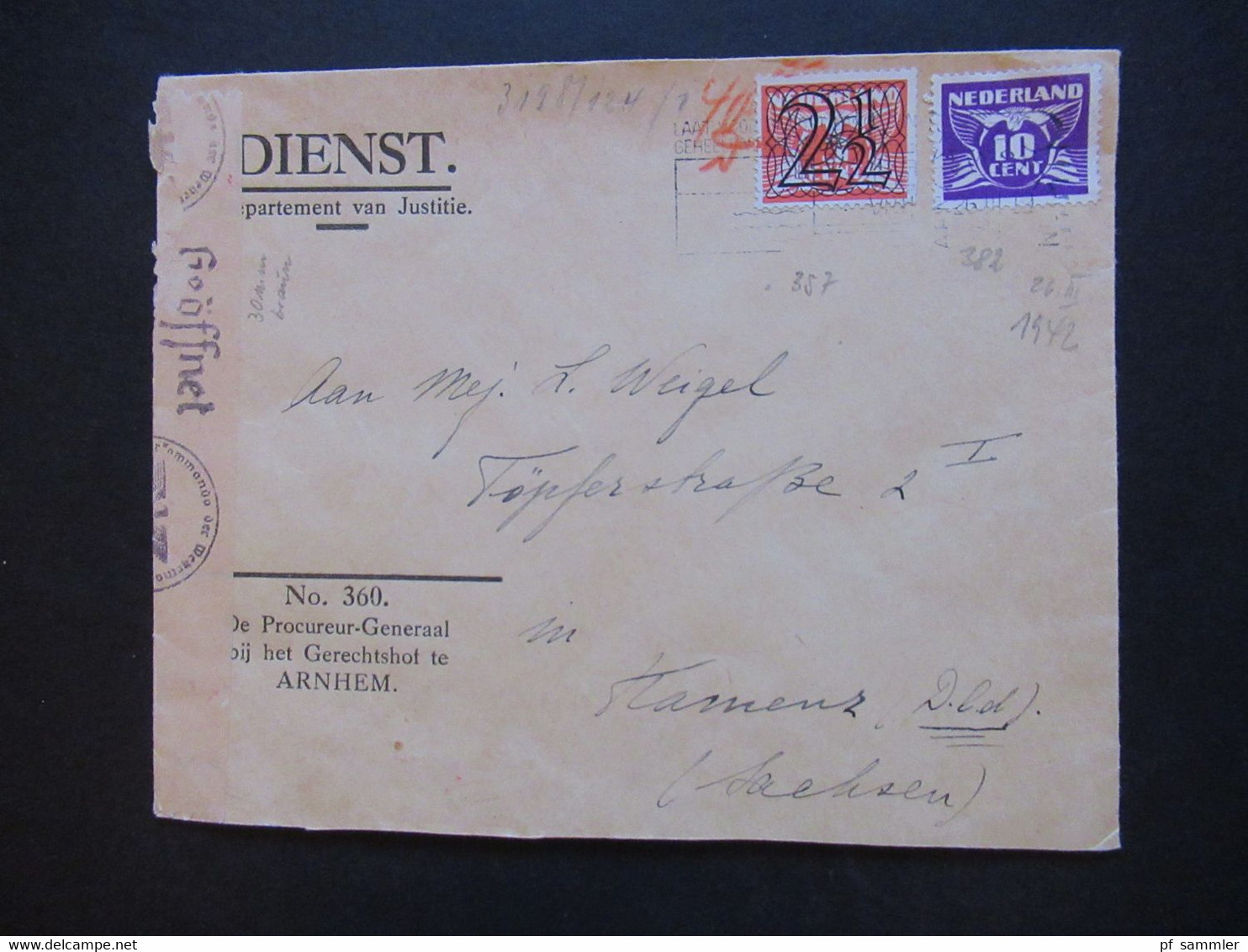 Niederlande 1942 OKW Zensurbeleg Geöffnet Umschlag Dienst Departement Van Justitie Procureur General Gerechtshof Arnhem - Lettres & Documents