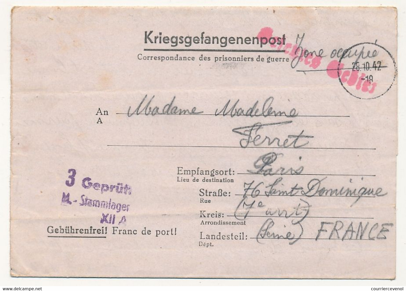 FRANCE - Correspondance Des PG - Du Stalag XII A - Censeur Geprüft 3 - 1942 - WW II