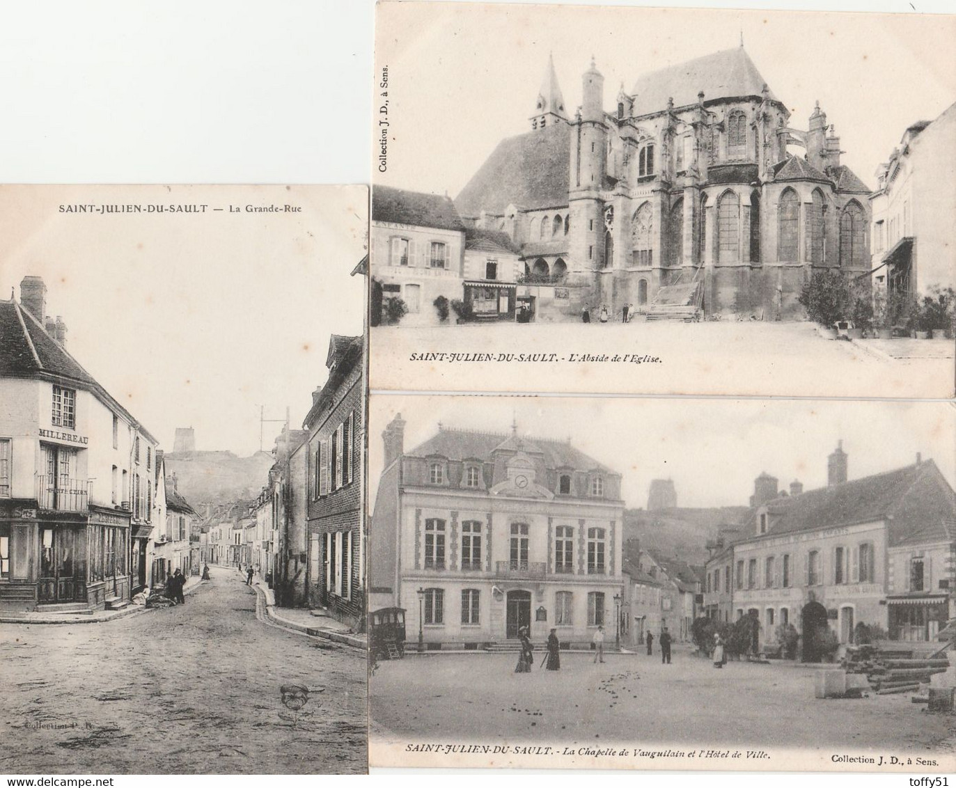 3 CPA:SAINT JULIEN DU SAULT (89) GRANDE RUE,CHAPELLE DE VAUGUILAIN,ABSIDE DE L'ÉGLISE.. ÉCRITES - Saint Julien Du Sault