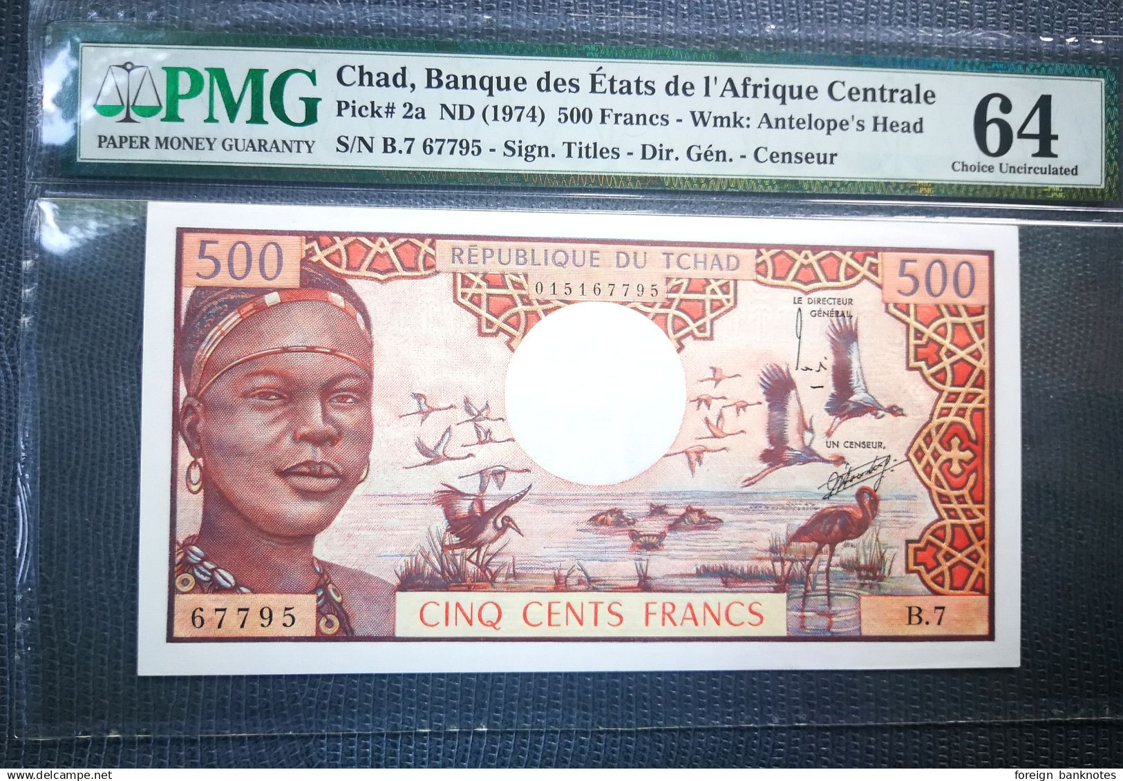 ️ Chad / Tchad 500 Francs 1974  P-2a  PMG Graded 64 ️ UNC ️ - Tchad