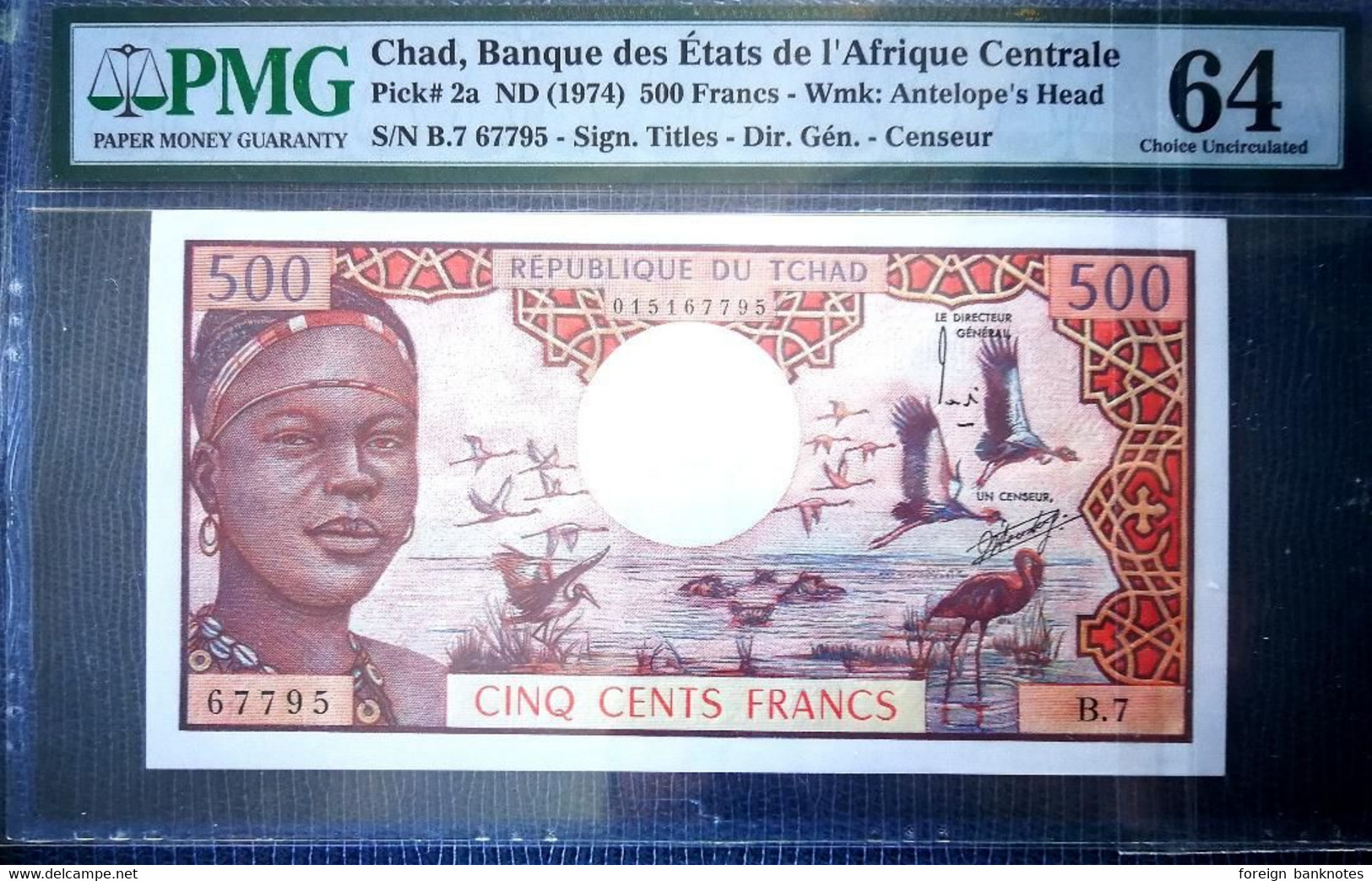 ️ Chad / Tchad 500 Francs 1974  P-2a  PMG Graded 64 ️ UNC ️ - Tsjaad