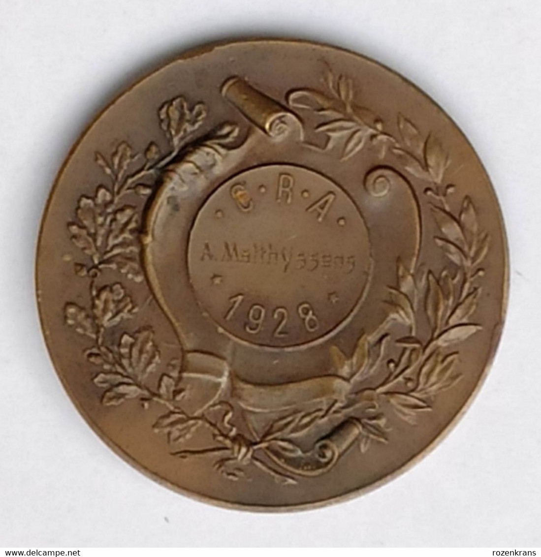 Ancienne Medaille Old Medal 1928 Bronze Brons Pigeon Duif CRA Colombophile Paloma A. Matthijssens - Sonstige & Ohne Zuordnung