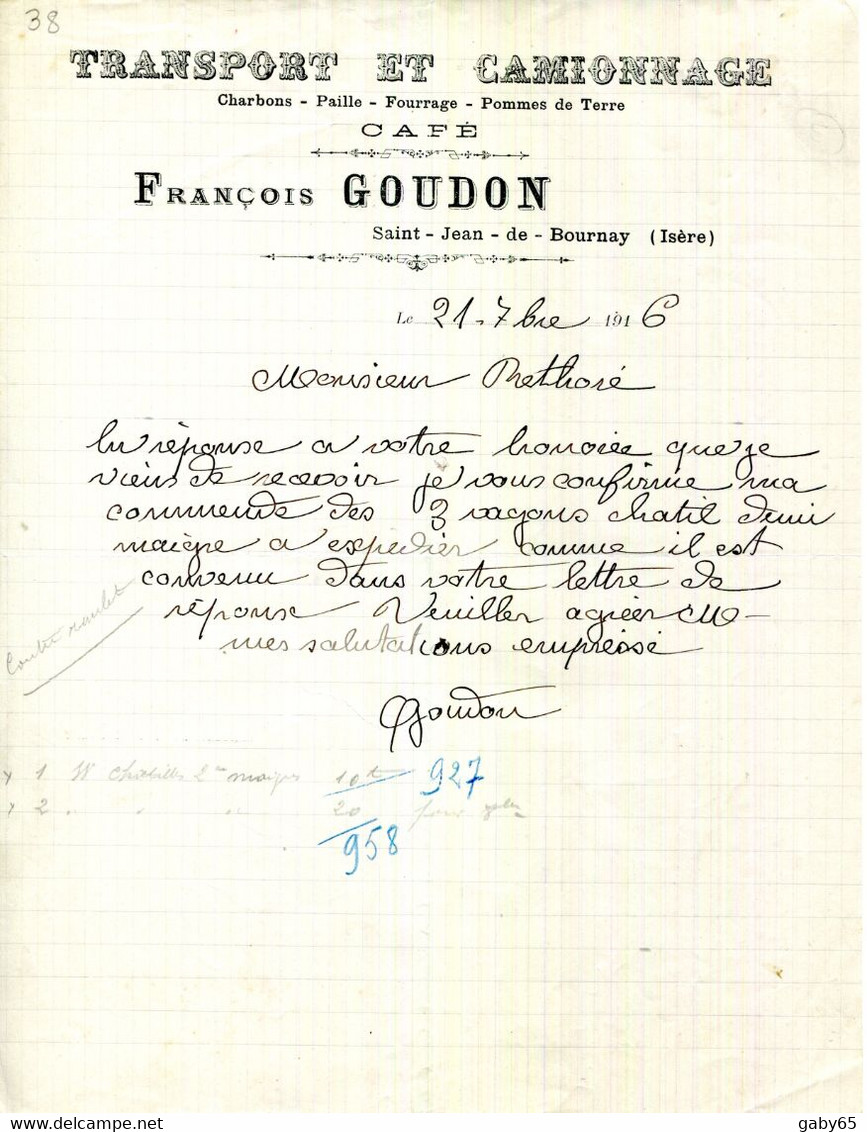 FACTURE.38.ISERE.SAINT JEAN DE BOURNAY.TRANSPORT & CAMIONNAGE. CAFE FRANÇOIS GOUDON. - Verkehr & Transport