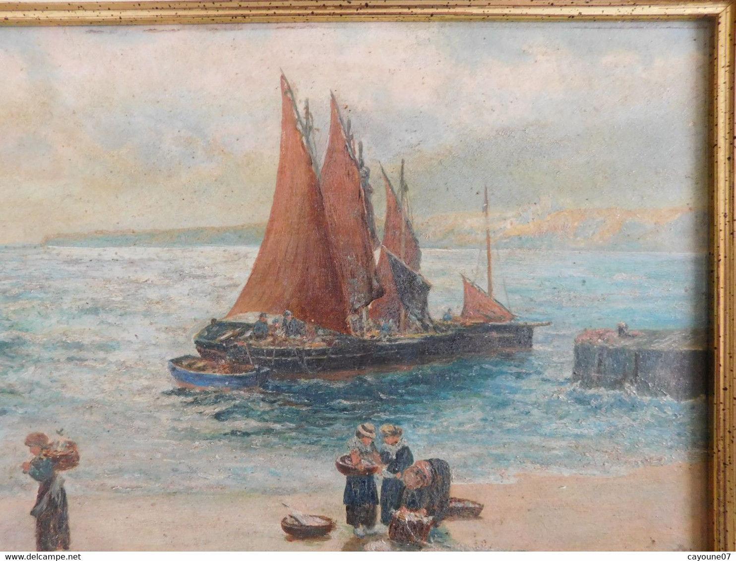 Gfr DOTCHIN (XIX - XXème) Huile sur panneau "Retour de pêche animée Thonniers"  1922