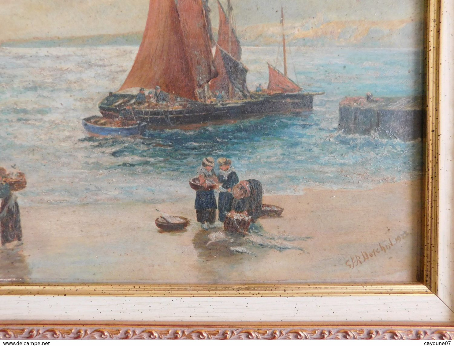 Gfr DOTCHIN (XIX - XXème) Huile sur panneau "Retour de pêche animée Thonniers"  1922