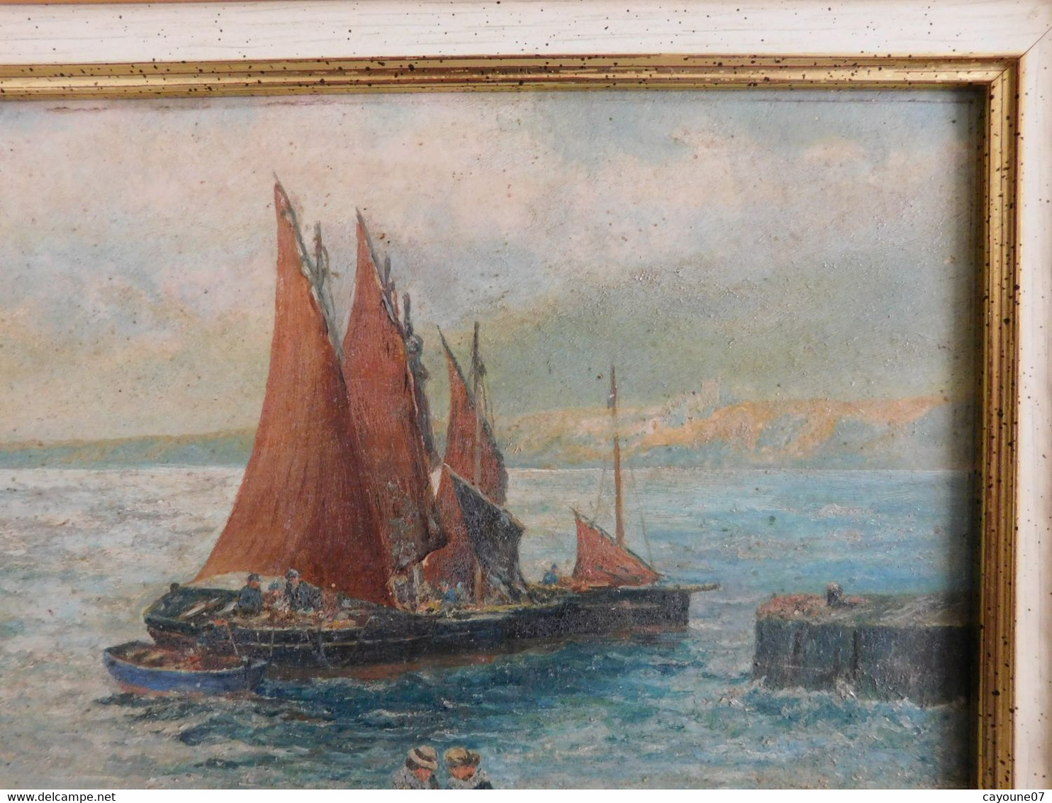 Gfr DOTCHIN (XIX - XXème) Huile sur panneau "Retour de pêche animée Thonniers"  1922
