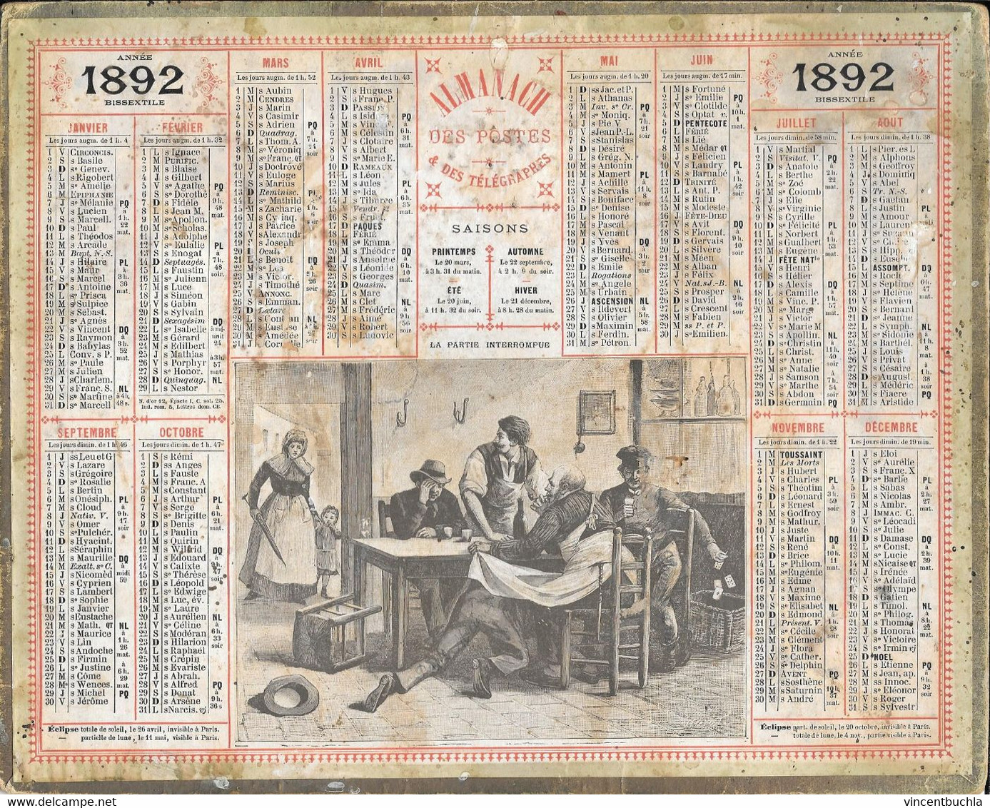 Calendrier Almanach Des Postes Et Télégraphes 1892 "La Partie Interrompue" Carton Double Face - Grand Format : ...-1900