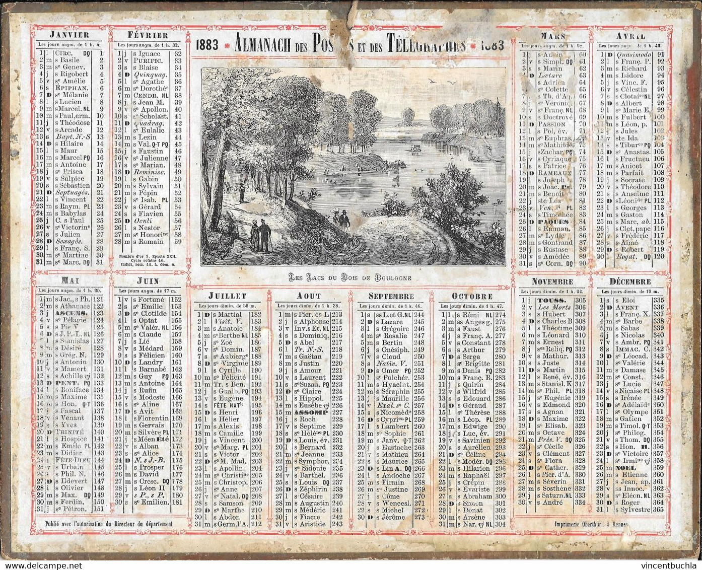 Calendrier Almanach Des Postes Et Télégraphes 1883 "Les Lacs Du Bois De Boulogne" Carton Double Face - Tamaño Grande : ...-1900