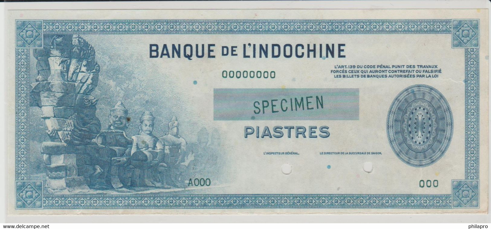 FRENCH INDO CHINA 1945  SPECIMEN "VIETNAM CAMBODIA LAOS"  100 PIASTRES  PICK  78  VF - Indochine