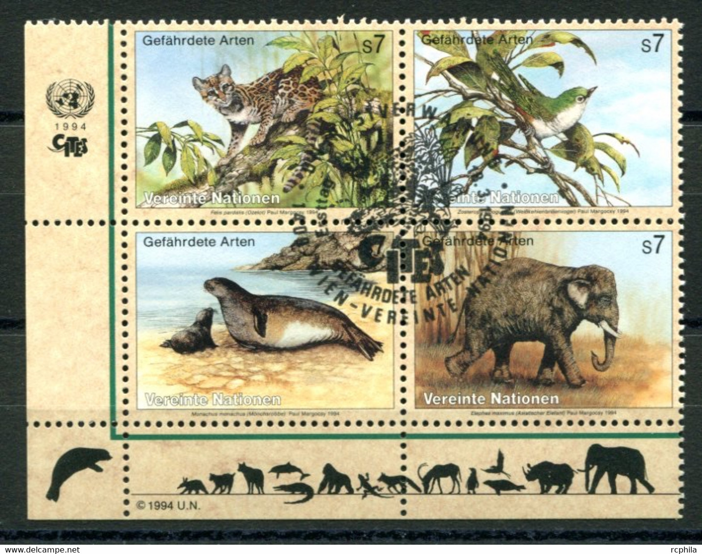 RC 21582 NATIONS UNIES VIENNE COTE 9,60€ N° 182 / 185 FAUNE PROTECTION DE LA NATURE BLOC DE 4 OBLITÉRÉ - Used Stamps