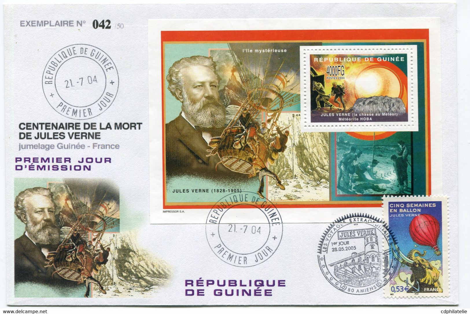 ENVELOPPE N°042 / 50 CENTENAIRE DE LA MORT DE JULES VERNE JUMELAGE GUINEE - FRANCE AVEC OBL GUINEE 1er JOUR 21-7-04 +... - Ecrivains