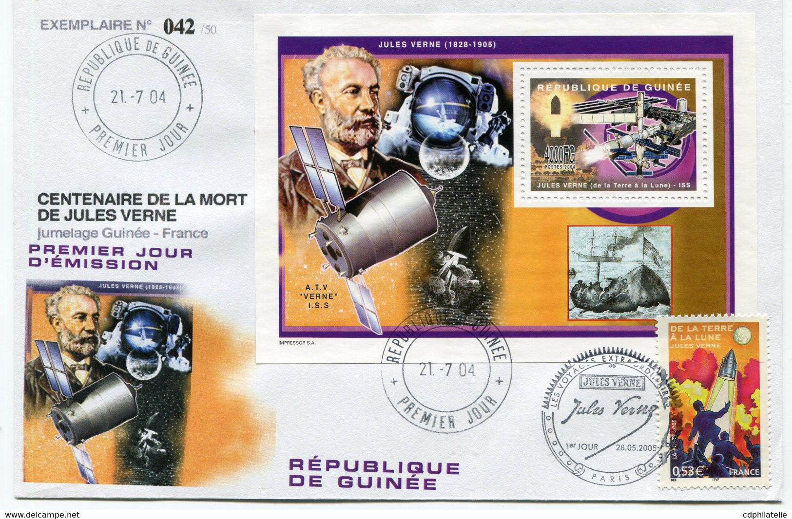 ENVELOPPE N°042 / 50 CENTENAIRE DE LA MORT DE JULES VERNE JUMELAGE GUINEE - FRANCE AVEC OBL GUINEE 1er JOUR 21-7-04 +... - Ecrivains