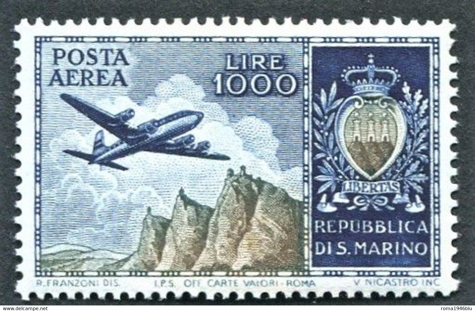 SAN MARINO 1954 POSTA AEREA 1000 L. ** MNH  CENTRATISSIMO LUSSO - Luftpost
