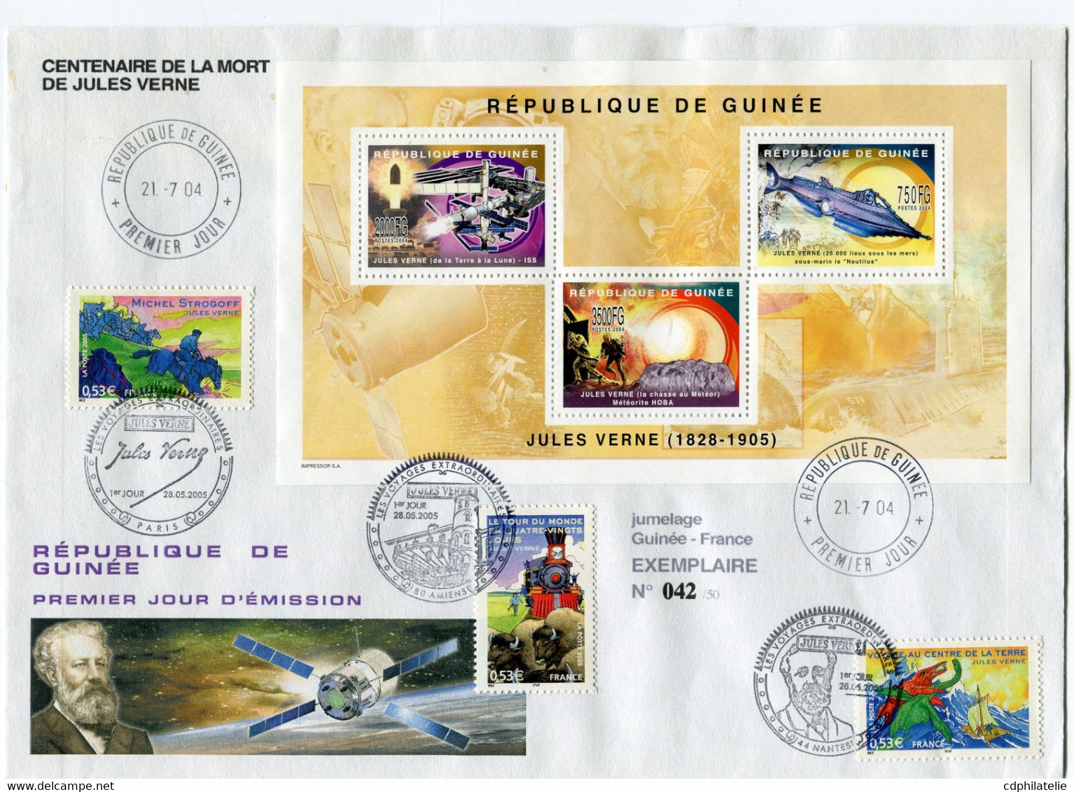 ENVELOPPE N°042 / 50 CENTENAIRE DE LA MORT DE JULES VERNE JUMELAGE GUINEE - FRANCE AVEC OBL GUINEE 1er JOUR 21-7-04 +... - Ecrivains