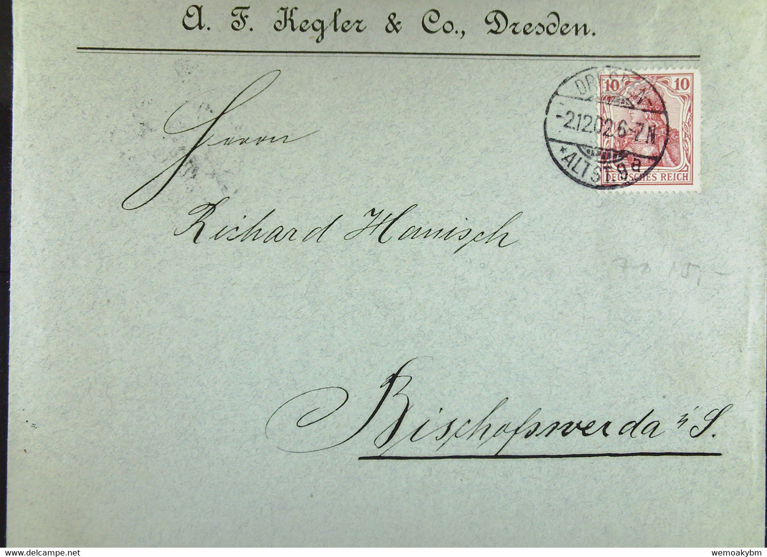 DR: Brief Mit 10 Pf Germania Vom 2.12.1902 Von A. F. Kegler & Co. Dresden An R. Hanisch, Bischofswerda (Sa.) Knr: 71 - Covers & Documents