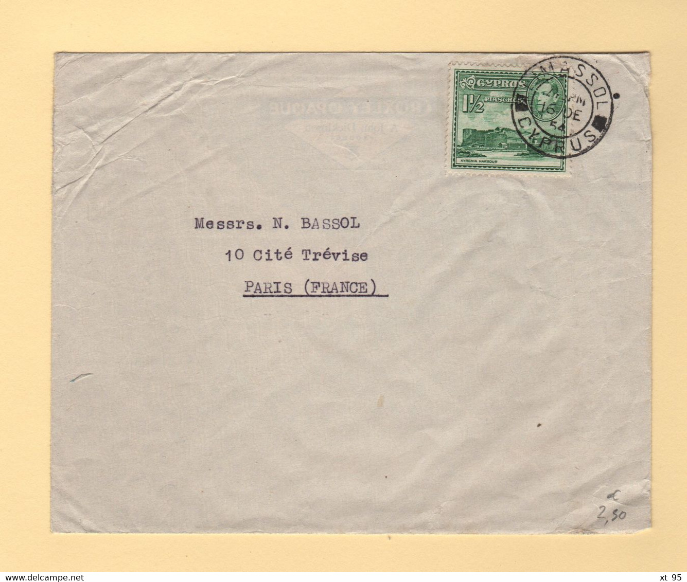 Chypre - Limassol - 1954 - Destination France - Chypre (...-1960)