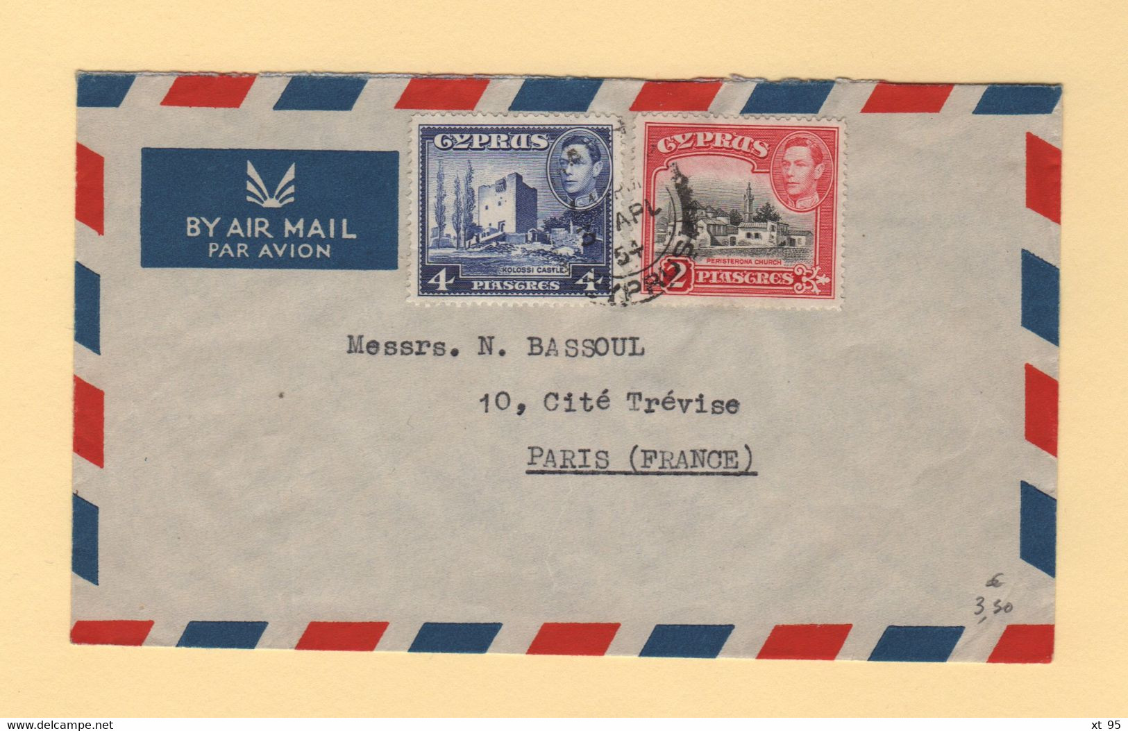 Chypre - Limassol - 1954 - Par Avion Destination France - Chypre (...-1960)