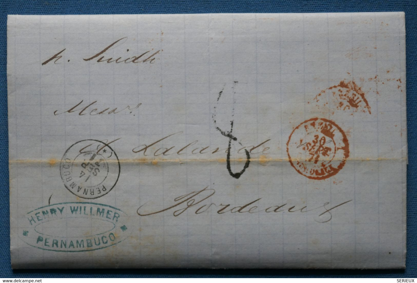 AE 6  BRAZIL  BELLE  LETTRE RARE  14 9  1869   PERNAMBUCO  POUR BORDEAUX FRANCE  +  + AFF. INTERESSANT - Vorphilatelie